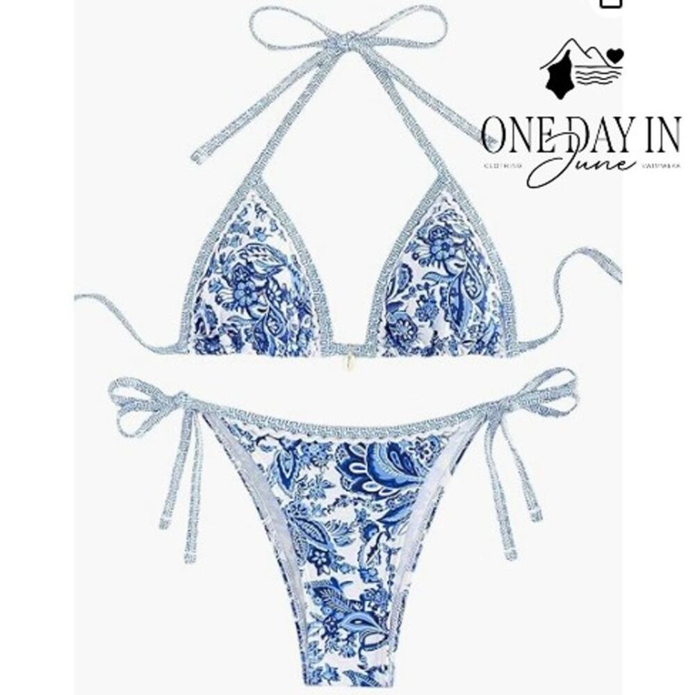 Volafa Smocked Triangle Tie Side Cheeky Bikini Swimsuit Blue Floral Size L